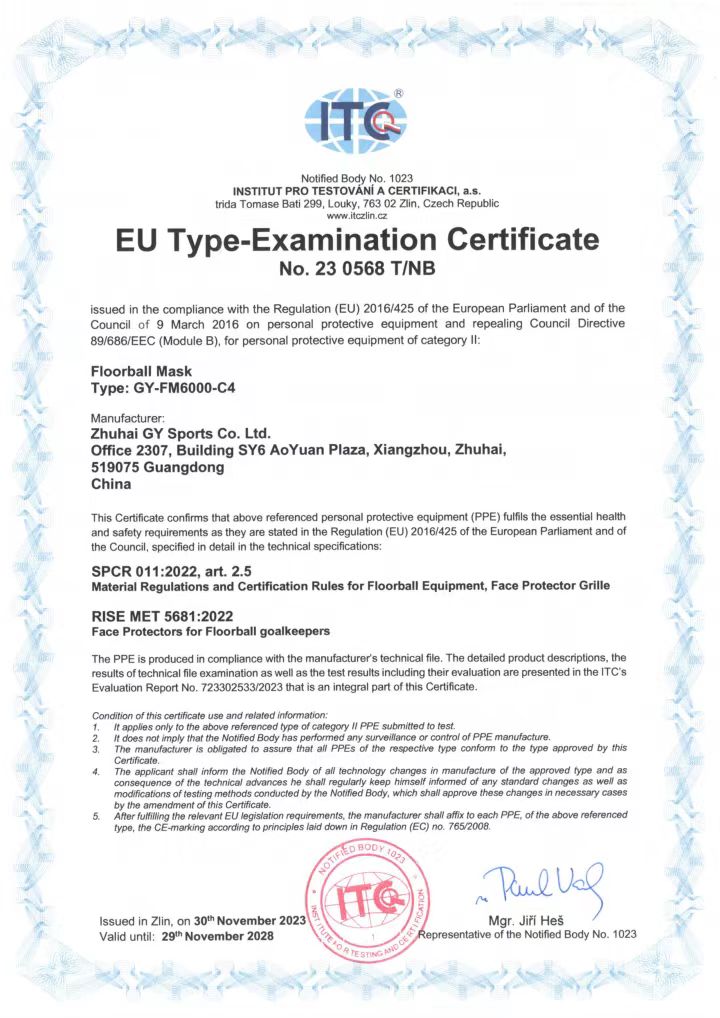 Masca Floorball a lui GY obține certificarea CE