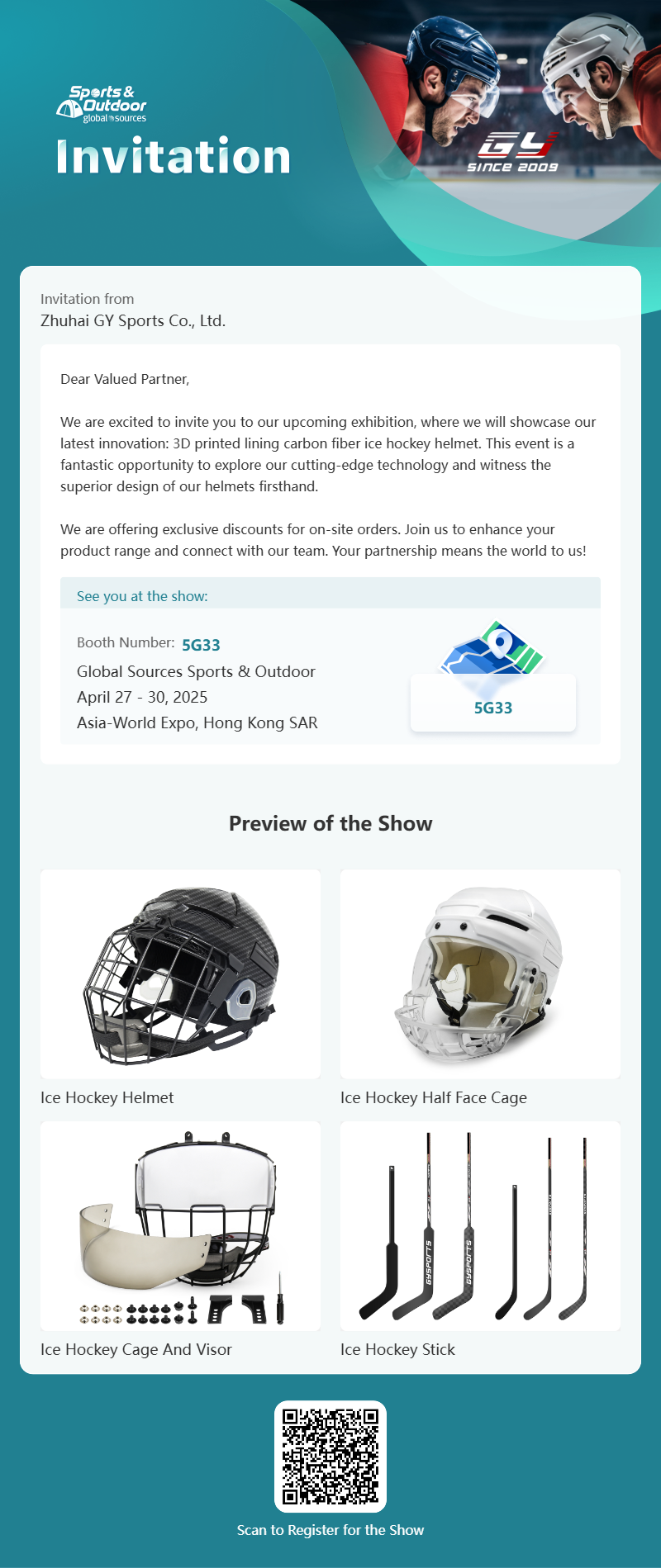 GY Global Sources Sports & Outdoor, 27-30 aprilie 2025, Asia-World Expo, Hong Kong SAR, numărul standului. 5G33